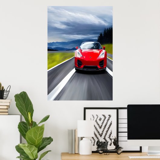 道路上の赤いスポーツカー | AIアートポスター ポスター (ホームオフィス)