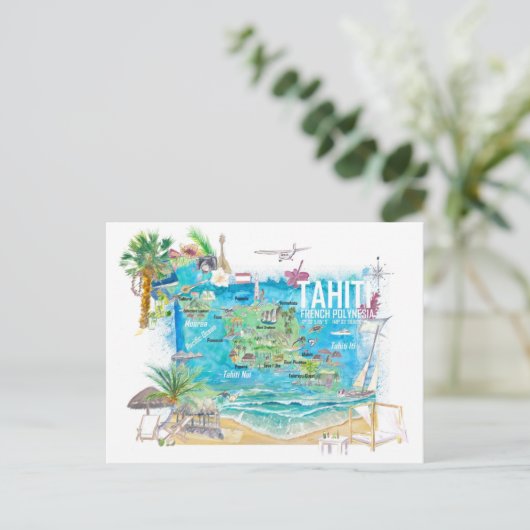 道路図解入りの、写真付きの付きタヒチ地図 ポストカード (スタンド正面)