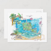 道路図解入りの、写真付きの付きタヒチ地図 ポストカード (正面/裏面)