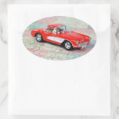 道路地図に赤いコルベット 楕円形シール (バッグ)