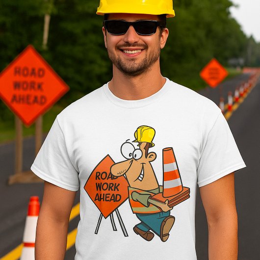 道路工事中サインのユーモラスな建設作業員 Tシャツ