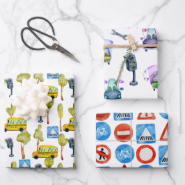 道路建築交通灯スクールバス ラッピングペーパーシート