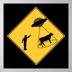 道路標識 – 牛とUFO ポスター