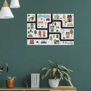 道路、車、家と子供の地図ゲーム ポスター