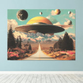 道路、UFO、そして土星のある超現実的な風景 キャンバスプリント (インサイチュ (ウッドフロア))
