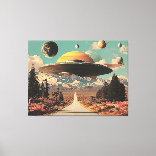 道路、UFO、そして土星のある超現実的な風景 キャンバスプリント (正面)