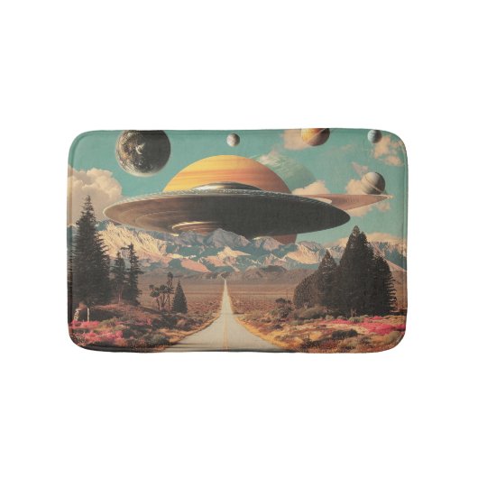 道路、UFO、そして土星のある超現実的な風景 バスマット (正面)