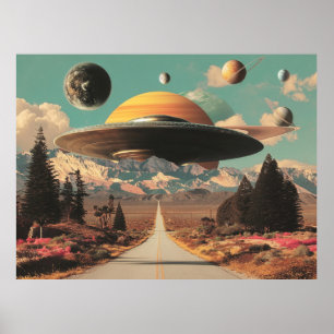 道路、UFO、そして土星のある超現実的な風景 ポスター
