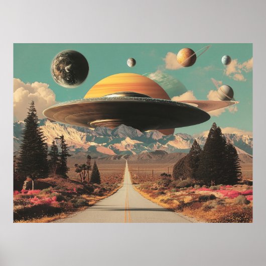 道路、UFO、そして土星のある超現実的な風景 ポスター (正面)