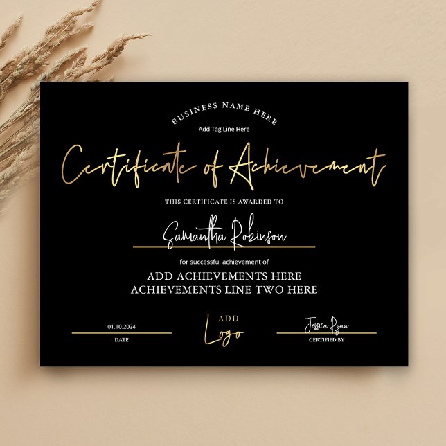 達成賞ブラック金ゴールドロゴ学生卒業証書 (Elegant black and gold Certificate of Achievement with space for your logo)