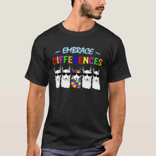 違いを受け入れるリャマ 自閉症啓発 Tシャツ (正面)