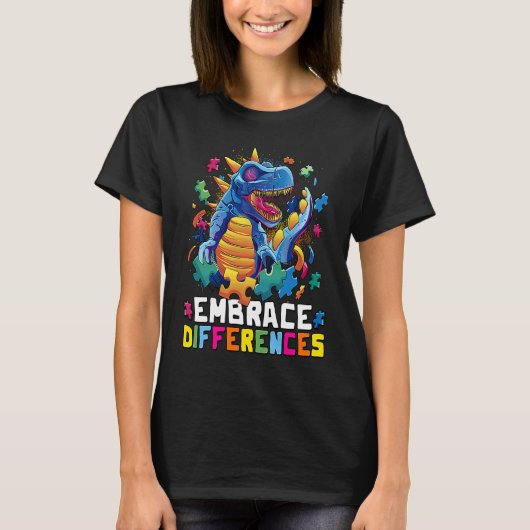 違いを受け入れる恐竜パズル 自閉症 Tシャツ (正面)