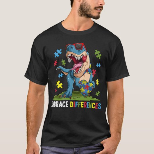 違いを受け入れる恐竜少年オチンチン自閉症啓発 Tシャツ (正面)