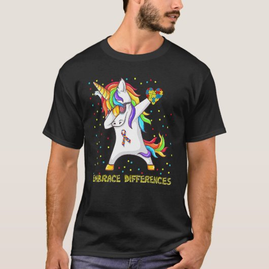違いを受け入れる ユニコーン ダビング パズル 自閉症 Tシャツ (正面)