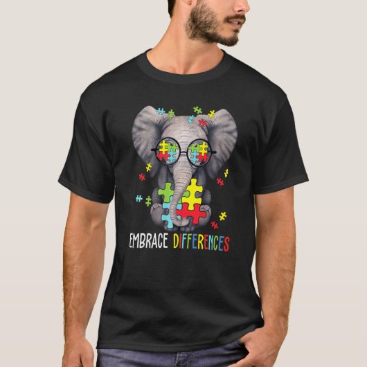 違いを受け入れる 象 楽しい 自閉症啓発 Tシャツ (正面)