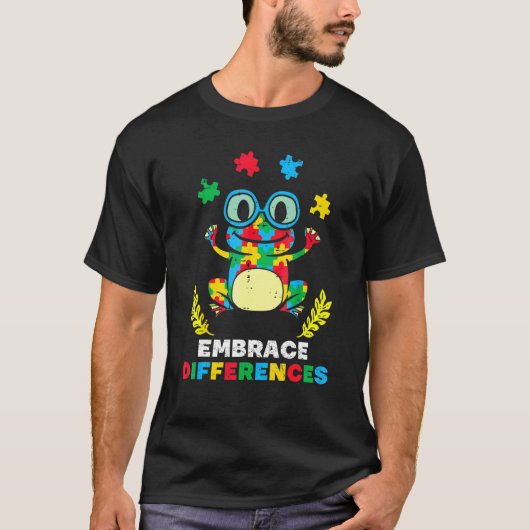 違いを認めよう パズル カエル 自閉症啓発 D Tシャツ (正面)