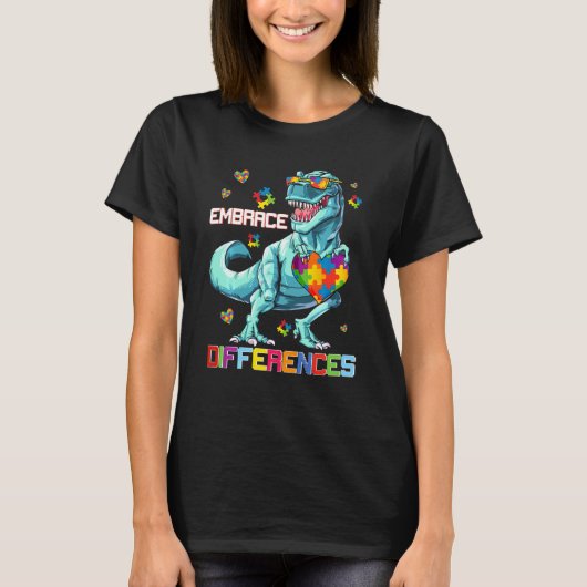 違いを認めよう 恐竜パズル 自閉症啓発 Tシャツ (正面)