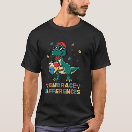 違いを認めよう 自閉症啓発 T-Rex パズル Tシャツ (正面)