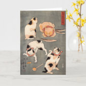 違うな姿勢の挨拶状の4匹の猫 カード (黄色い花)