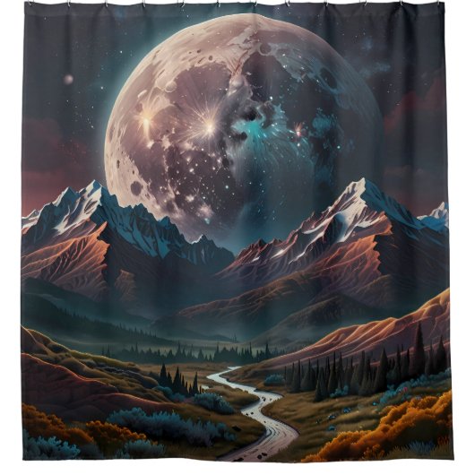 遠い月と谷の上の山のトップビュー シャワーカーテン (正面)