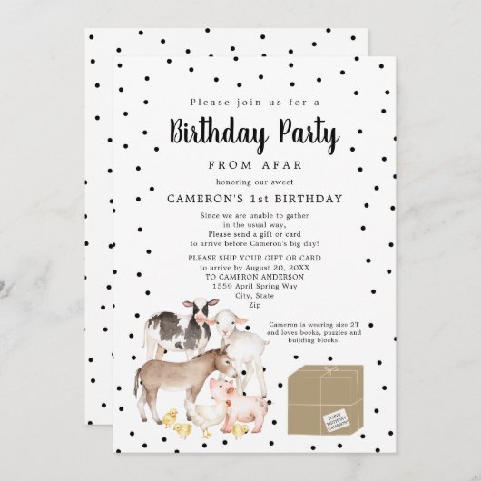 遠くから開催される農業動物の誕生日パーティー 招待状 (正面/裏面)