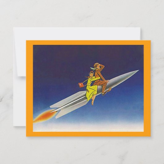 遠くにな移動発表に乗るレトロロケットの船 案内状 (正面)