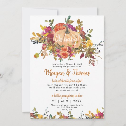 遠くのカボチャのベビーシャワーからのメールでシャワーを浴びる 招待状 (正面)