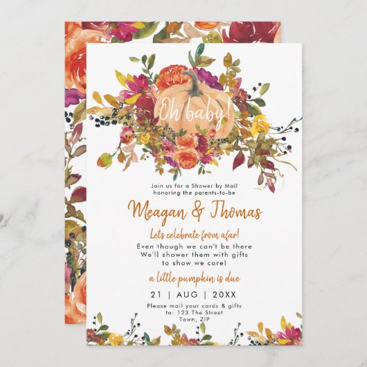 遠くのカボチャのベビーシャワーからのメールでシャワーを浴びる 招待状 (正面/裏面)