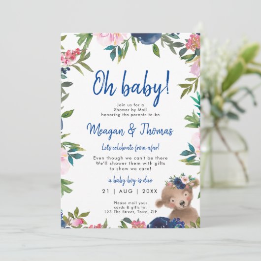 遠くのクマの青い赤ん坊のシャワーから郵便でシャワー 招待状 (スタンド正面)