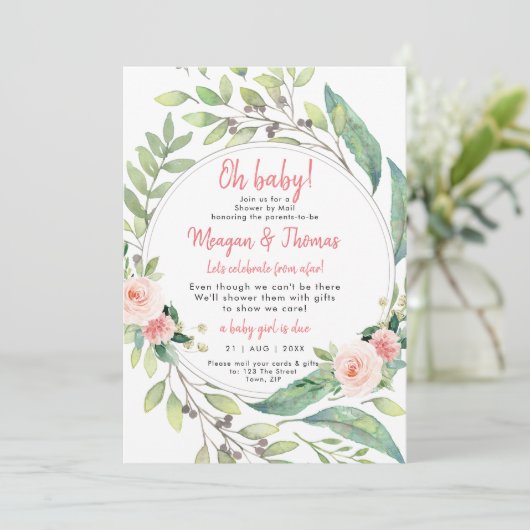 遠くのピンクの赤ちゃんシャワーからの郵便でシャワーを浴びる 招待状 (スタンド正面)