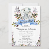 遠くの象の青い赤ちゃんシャワーからメールでシャワーを浴びる 招待状 (正面)