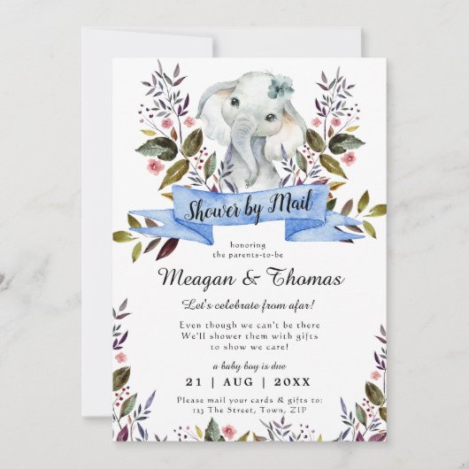 遠くの象の青い赤ちゃんシャワーからメールでシャワーを浴びる 招待状 (正面)