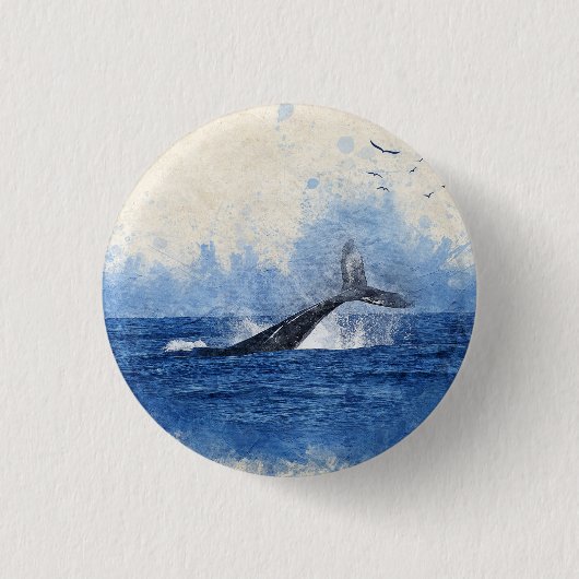 遠く離れたアールデコールで海鳥にクジラのスプラッシュ 缶バッジ (正面)