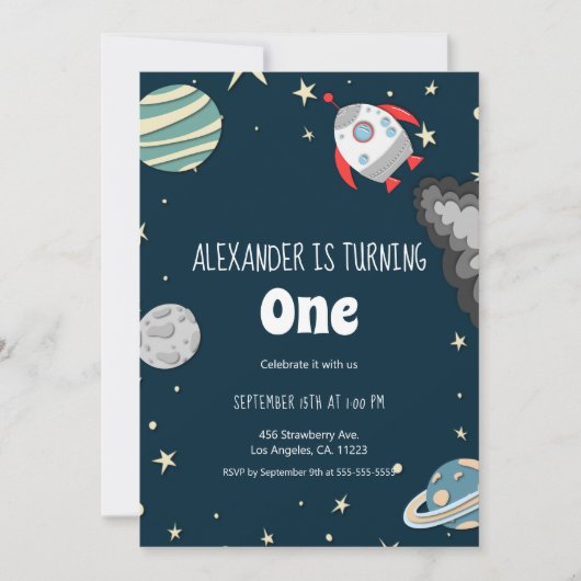遠出ロケットと惑星ボーイファースト誕生日 招待状 (正面)