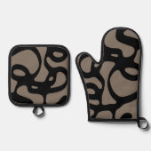 遠隔信号：抽象芸術ブラックとグレー 鍋つかみ&鍋敷きセット (正面)