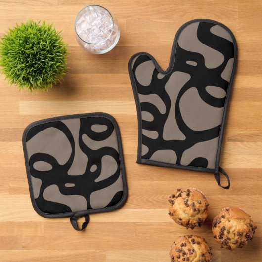 遠隔信号：抽象芸術ブラックとグレー 鍋つかみ&鍋敷きセット (トップダウン)