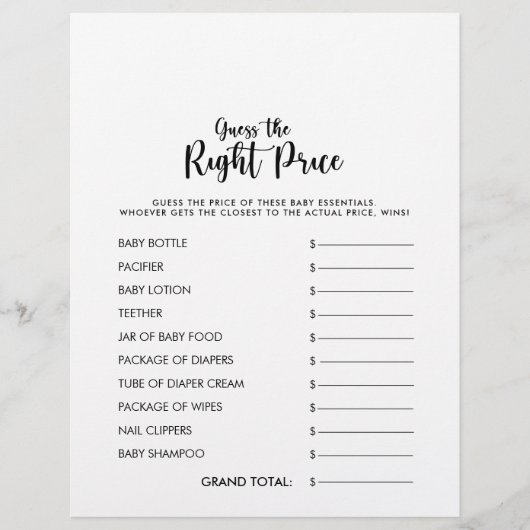 適切な価格の赤ちゃんシャワーゲームを推測 (正面)