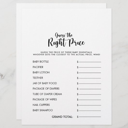 適切な価格の赤ちゃんシャワーゲームを推測 (正面/裏面)