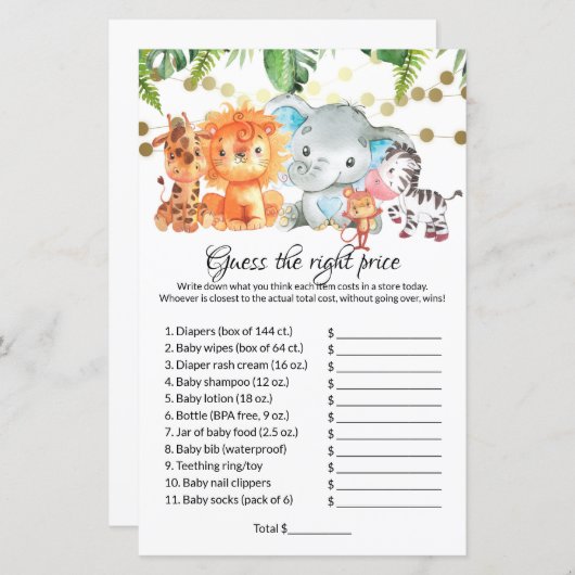 適切な価格を推測する赤ちゃんシャワーゲーム (正面/裏面)