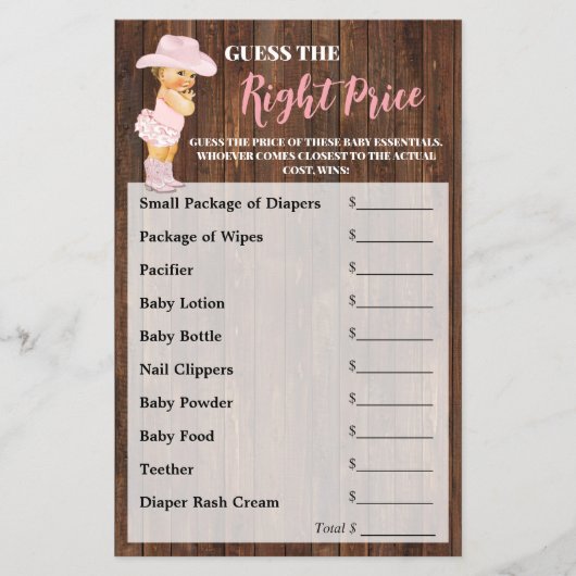 適正な価格を推測女性のカーボーイベビーシャワーゲーム チラシ (正面)
