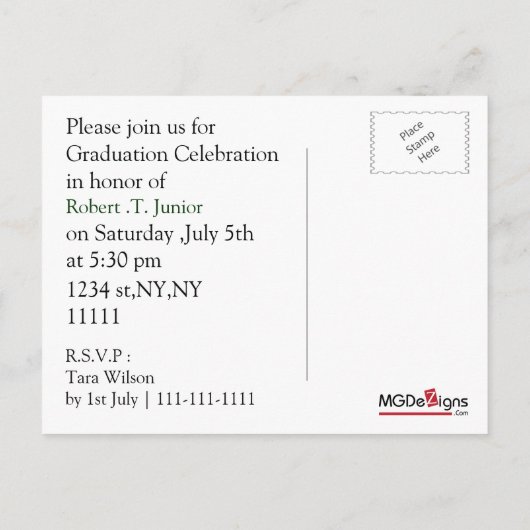 遭難緑迷彩柄卒業写真招待状 インビテーションポストカード (裏面)