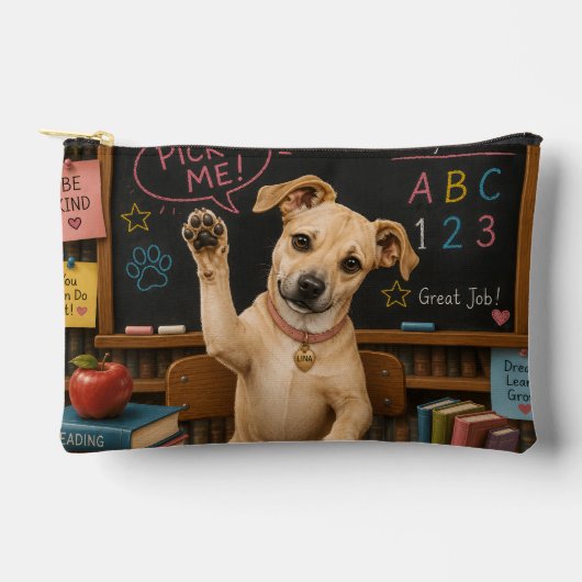 選んで!かわいい学校の犬が手を挙げて アクセサリーポーチ (正面)