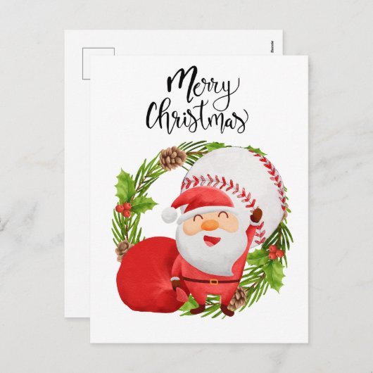 選手のためのサンタクロースと野球のクリスマス シーズンポストカード (正面/裏面)
