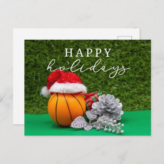選手のためのボールとバスケットボールの幸せな休日 シーズンポストカード (正面/裏面)