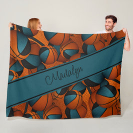 選手カスタム名ティール（緑がかった色）ブラックバケットボールパターン フリースブランケット