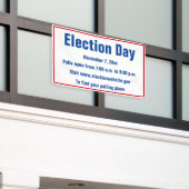 選挙日詳細紅白と青の文字 横断幕 (ビルの外側)