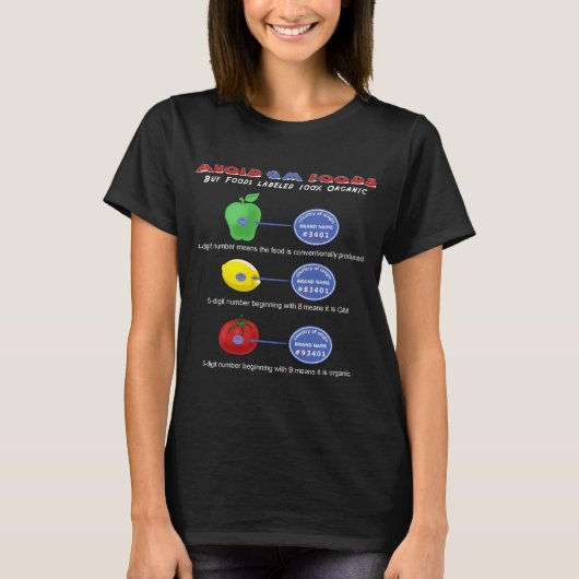 遺伝子組み換え食品を避ける 8から始まる5桁のPLUを避ける Tシャツ (正面)