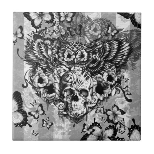 遺失物取扱所、砂糖のスカルを搭載する花のフクロウ タイル (正面)