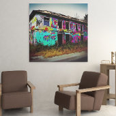 遺棄された家とグラフィティカラフル キャンバスプリント