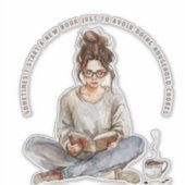 避けてコーヒーで本を楽しむ女の子 シール (正面)